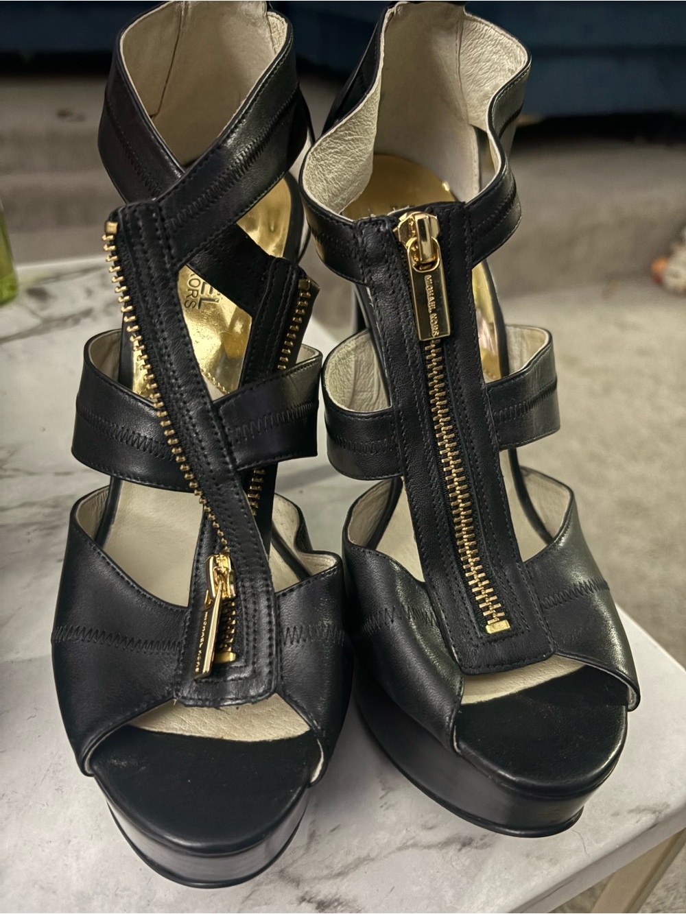Michael Kors Black Leather Gold-Zip Platform Heels